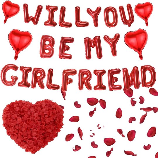 “Will You Be My Girlfriend” Balloon Set – 525 Pcs Proposal Decorations with Heart & Letter Foil Balloons, Red Rose Petals for Romantic Night, Engagements & Valentine’s Day